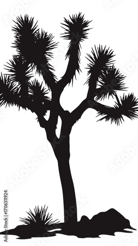 Silhouette of Joshua tree with spiky leaves in desert landscape with rocky ground in flat minimalist black vector style