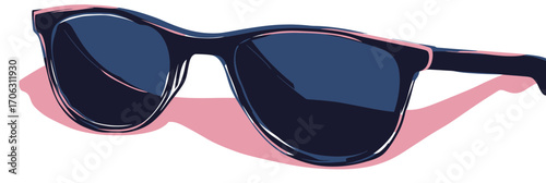 Stylish black sunglasses with dark lenses casting a shadow, minimalist vector sketch design for fashion and summer accessories concept