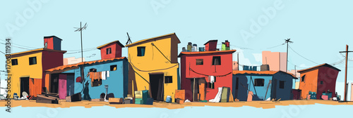 Colorful low income residential houses with antennas clotheslines urban slum neighborhood poverty concept flat minimal vector illustration panorama background