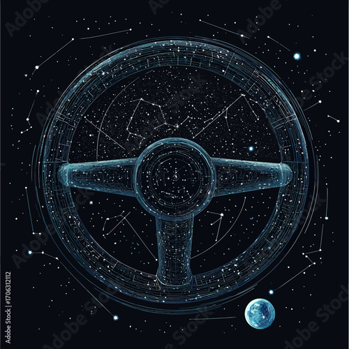 Futuristic wireframe steering wheel composed of starry sky and constellation elements with planet glowing in cosmic space background vector illustration