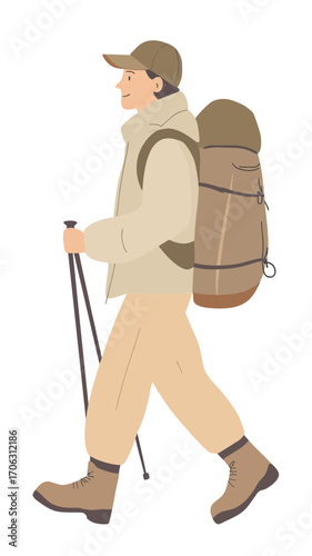Hiker walking with large backpack trekking poles beige outdoor clothes minimal flat vector illustration side view active lifestyle adventure travel gear