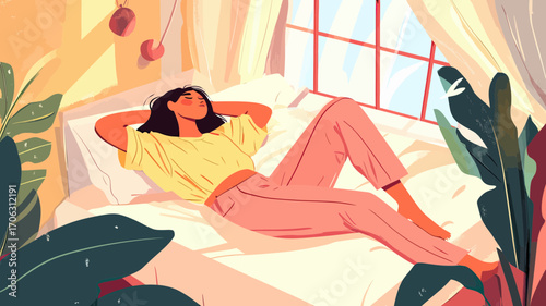 Relaxed woman lying on bed in sunny bedroom resting with eyes closed cozy interior peaceful lifestyle illustration