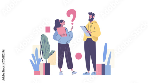 Man and woman discussing questions with large question mark symbols near plants and books in flat minimalist vector style concept of communication and information exchange