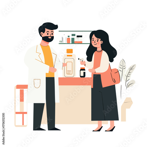 Pharmacist consulting female customer with medicine bottle in modern pharmacy interior flat vector illustration
