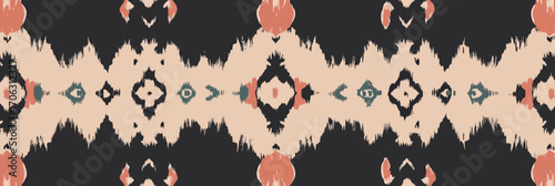 Seamless tribal ikat pattern with geometric shapes in earthy tones for textile fabric design and digital print background decorative border