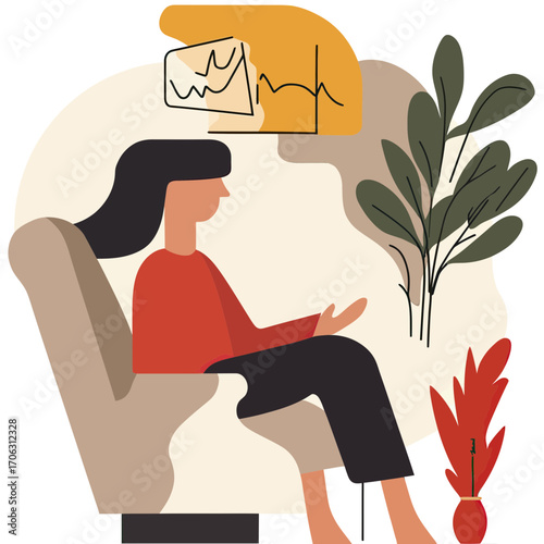 Abstract minimalist vector illustration of woman sitting in armchair with abstract mental health line art and ornamental plants background in warm colors