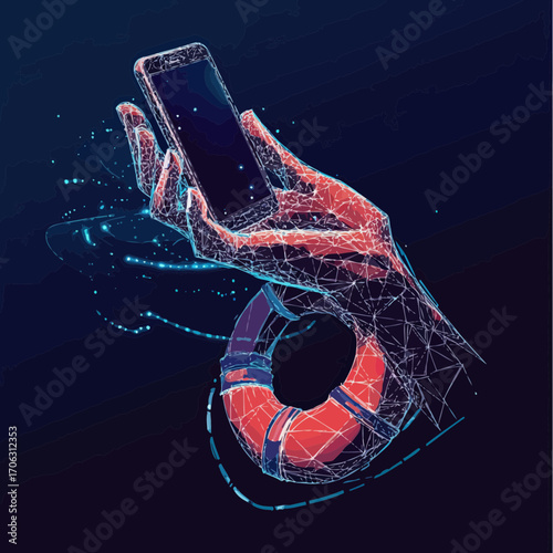 Abstract digital wireframe hand holding smartphone emerging from lifebuoy with glowing particles emergency rescue help concept technology innovation futuristic design illustration