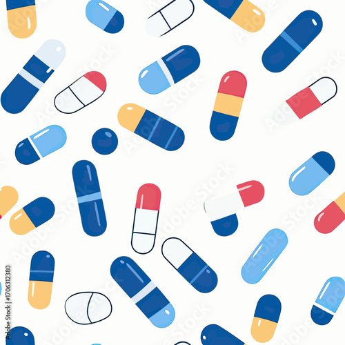 Seamless pattern of colorful flat minimalist medical pills capsules and tablets on white background vector illustration for healthcare and pharmacy design