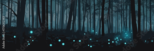 Mystical dark forest with glowing bioluminescent plants and floating light orbs in eerie atmospheric nighttime landscape vector illustration