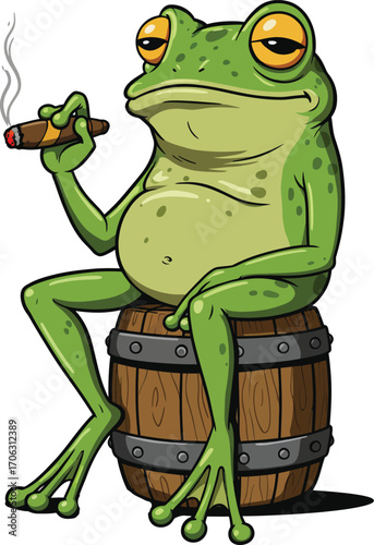Cartoon frog smoking a cigar while sitting on a barrel isolated on white background