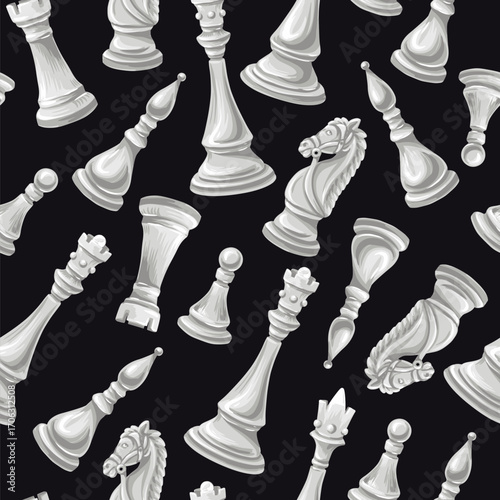 Seamless Chess Pieces Vector Pattern Featuring Classic Black and White King Queen Rook Knights