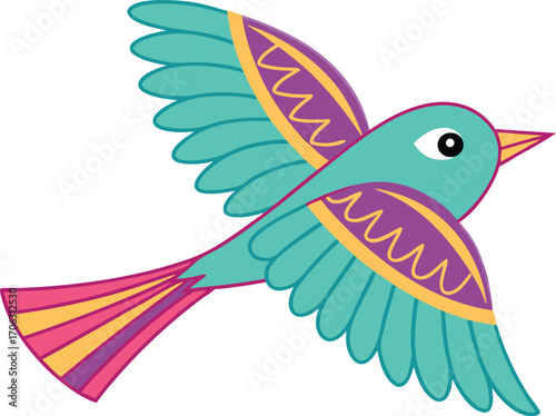 Vector art of a colorful cartoon bird with teal, purple, and yellow accents, flying with its wings spread