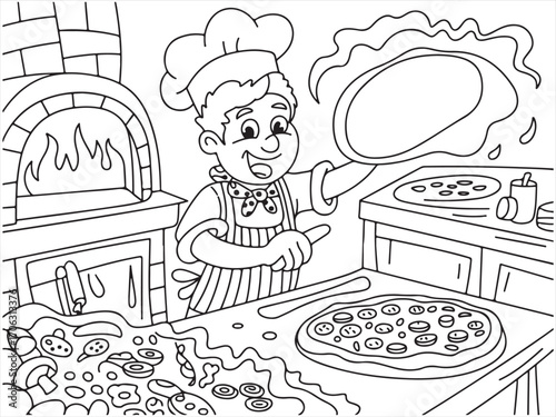 Cartoon chef making pizza in kitchen with brick oven coloring page illustration