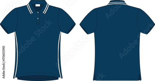 Navy blue polo shirt front back view, white striped collar, button placket, short sleeve, side piping, sport fashion apparel illustration