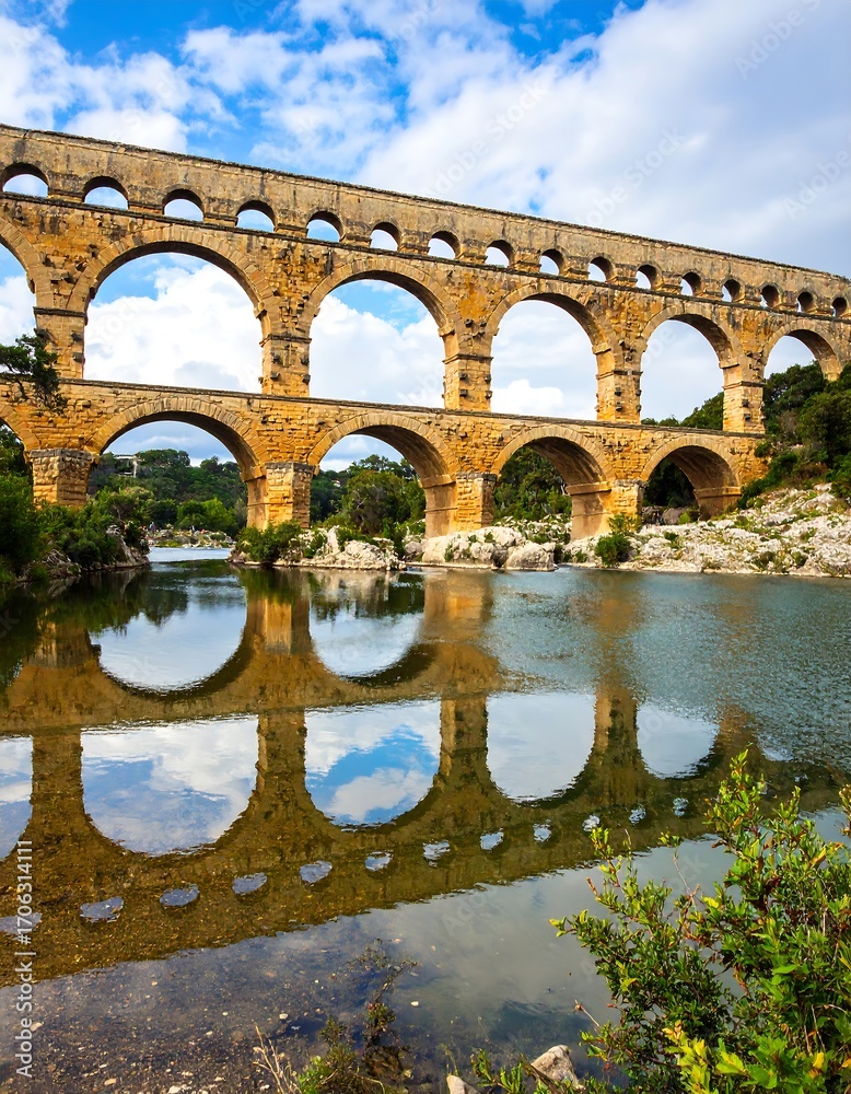 Fototapeta premium Ancient stone aqueduct bridge over a calm river, reflections