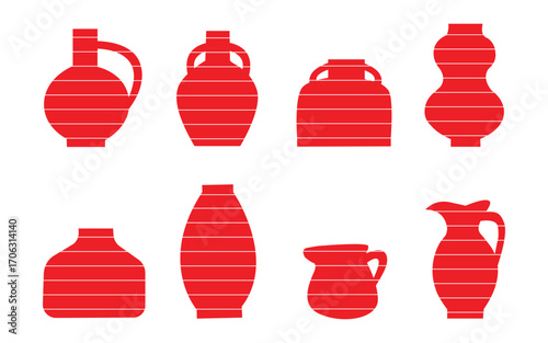Collection of red striped pottery jugs and vases on a white isolated background
