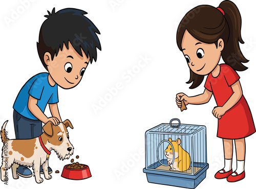 Children feeding pets at home, boy with dog, girl with cat, responsible care, animal love, indoor activity, happy bonding moment