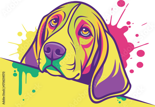 Vector art of colorful basset hound dog portrait with abstract paint splatters