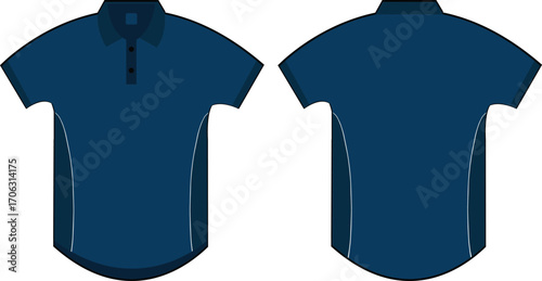 Navy blue polo shirt front back view, short sleeve, button placket, white piping detail, sport fashion apparel, casual wear illustration
