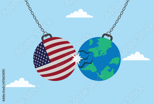 Vector illustration of a dumbbell with the USA flag colliding with a world globe, symbolizing the global influence and impact of the united states
