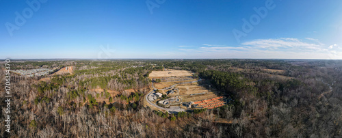 Aerial landscape Blanchard park forest winter after Hurricane Helene in Evans Augusta Georgia