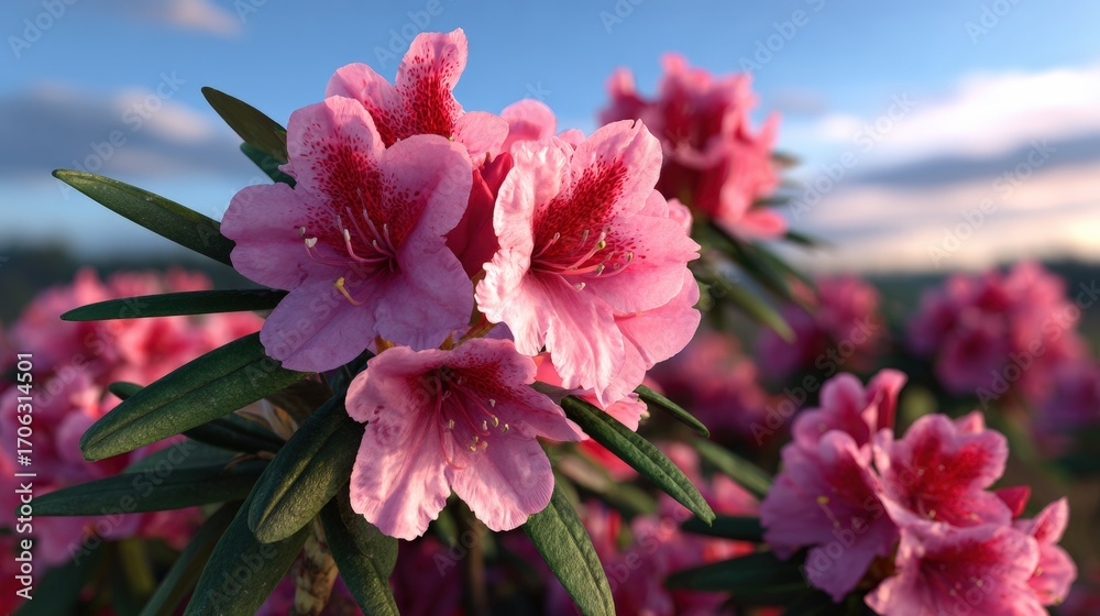 Obraz premium Close-up of Pink Rhododendron Flowers Against a Cloudy Sky