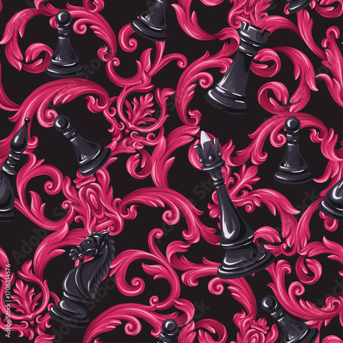 Elegant chess barocco seamless pattern with luxury golden ornament and black pieces design