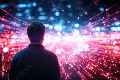 A person stands in awe, gazing at a vibrant array of colorful lights and abstract patterns, symbolizing creativity and the limitless possibilities of imagination.