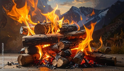Campfire at sunset, mountains in background