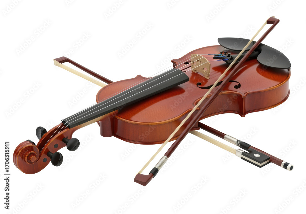 Fototapeta premium Classic reddish-brown, high-gloss wooden violin resting with a dark violin bow on transparent studio background with copy space, soft lighting, sharp focus. Concept of musical artistry and timeless