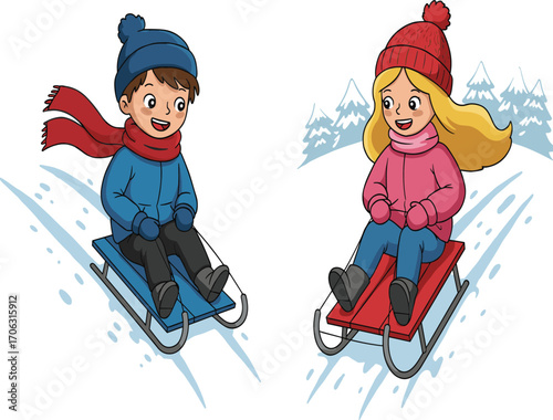 Children sledding down snowy hill, winter fun, outdoor activity, snow-covered trees, joyful motion, cold weather playtime, seasonal recreation, happy kids