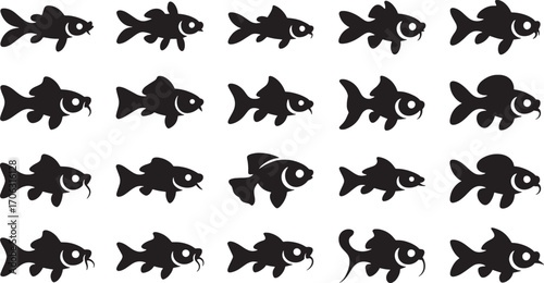 Black fish silhouettes swimming in rows white