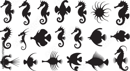 Black seahorse fish silhouettes marine life