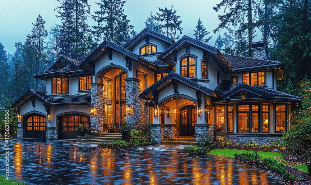 Fototapeta premium Luxurious house in a wooded area at twilight