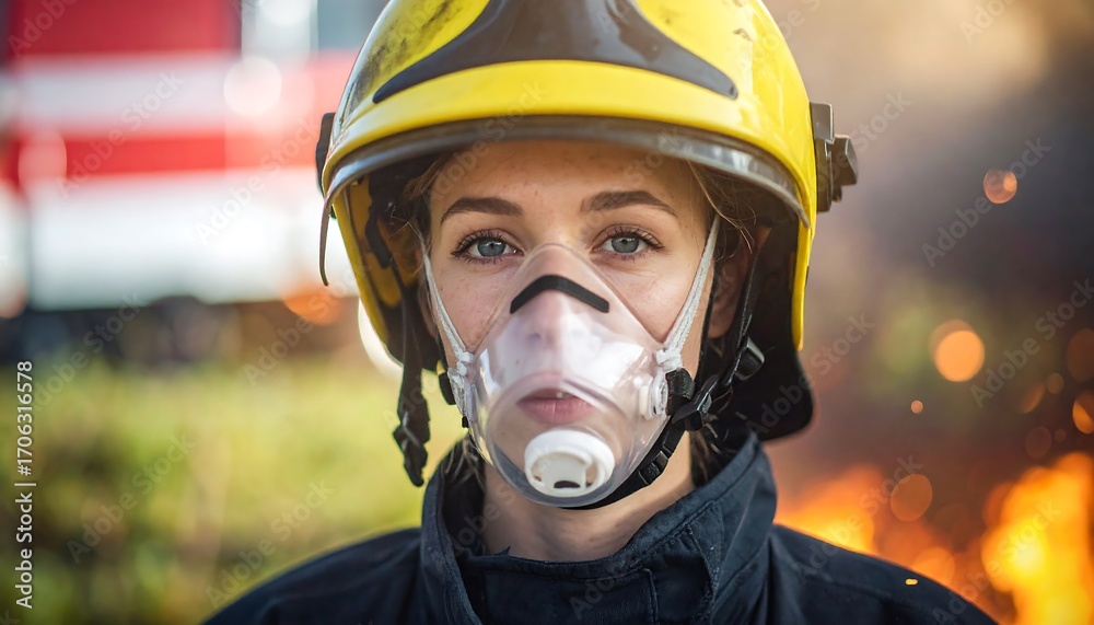 Naklejka premium Firefighter woman in protective gear