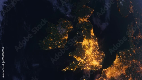 Fly Above The England. UK View from Space Orbit. Planet Earth at Night. Night Globe