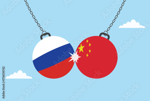 Vector illustration of two dumbbells colliding, one with the china flag and the other with the russian flag, symbolizing business rivalry and competition
