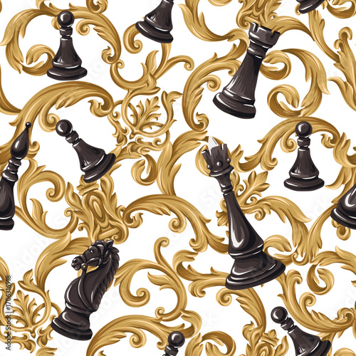 Elegant chess barocco seamless pattern with luxury golden ornament and black pieces design