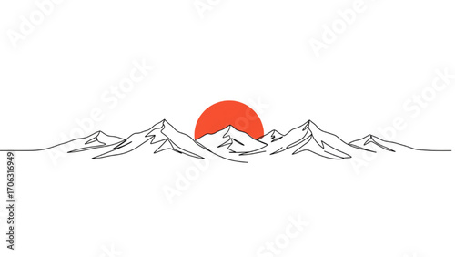 Single line art of mountains and sunrise
