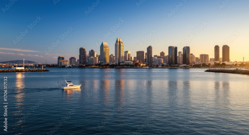 Fototapeta premium San Diego Skyline at Sunset with Boat on Calm Water and Golden Reflections