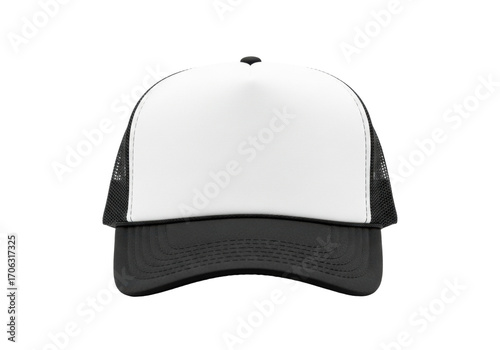 Wallpaper Mural Single structured trucker hat, blank white front, black mesh back & brim, direct front angle studio shot against seamless transparent for product customization display Torontodigital.ca