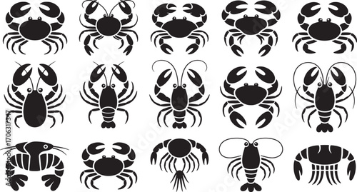 Various crustaceans in black silhouette crab lobster