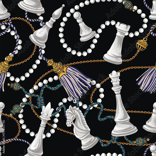 Elegant Seamless Chess Motif Vector Pattern Showcasing Black Chess Pieces With Beaded Tassel Accents