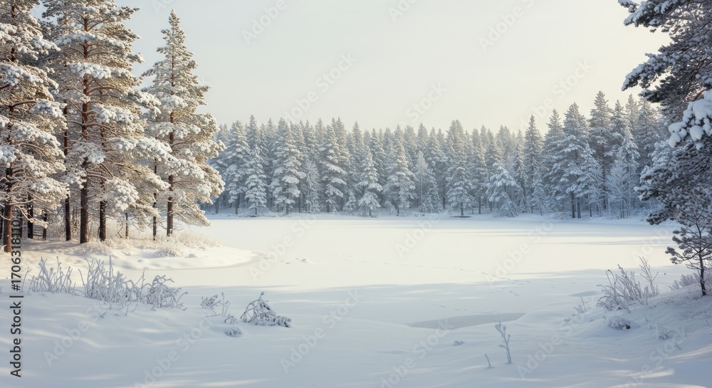 Obraz premium Serene Winter Landscape: Snow-Covered Pine Forest Reflecting on Frozen Lake