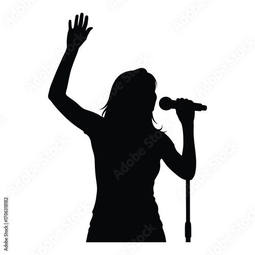 Silhouette of a female singer performing with microphone and raised hand on white silhouette