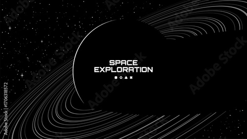 Black space background for poster. Modern outer space exploration concept with starry night sky. Futuristic cosmic backdrop with abstract circles for banner.
