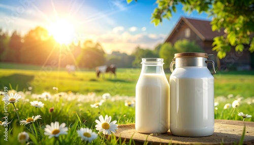 Fototapeta Naklejka Na Ścianę i Meble -  Fresh milk bottles on a rustic wooden stump in a vibrant summer meadow