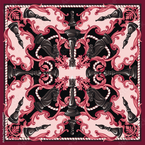 Luxury chess barocco scarf design with black pieces and blue ornamental floral elements