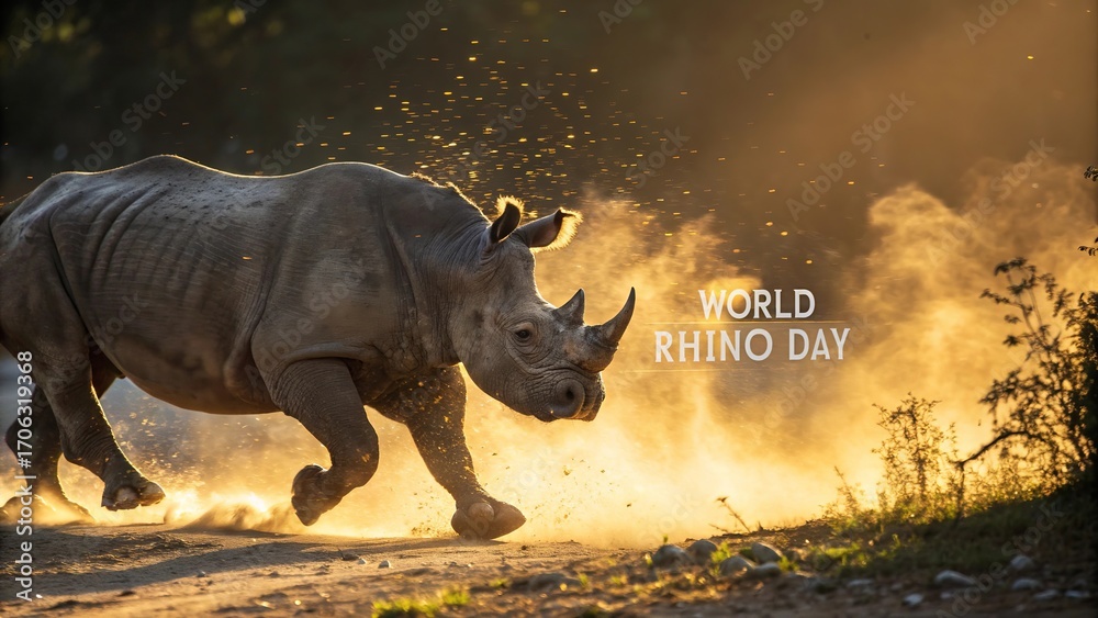 Fototapeta premium World Rhino Day, Rhino in action captured mid step with swirling golden dust.