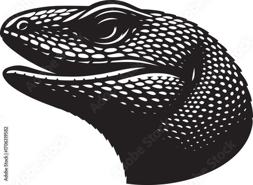 Detailed close-up profile of a black and white lizard head with scaly texture